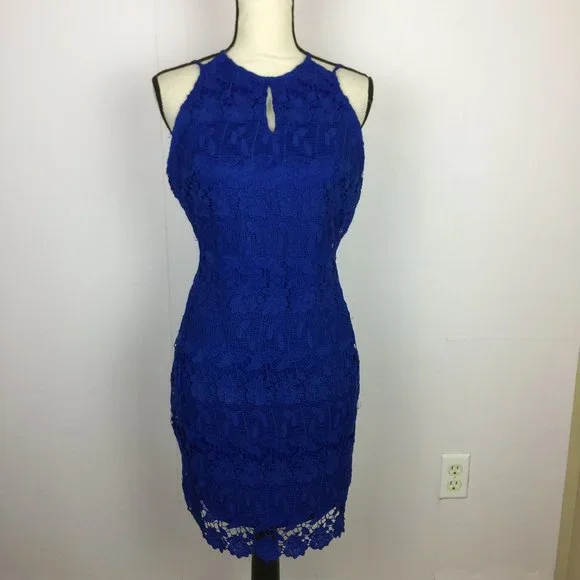 Astr | Dresses | Astr The Label Mini Sheath Dress Size L Blue Lace  Sleeveless Halter Keyhole Neck | Poshmark